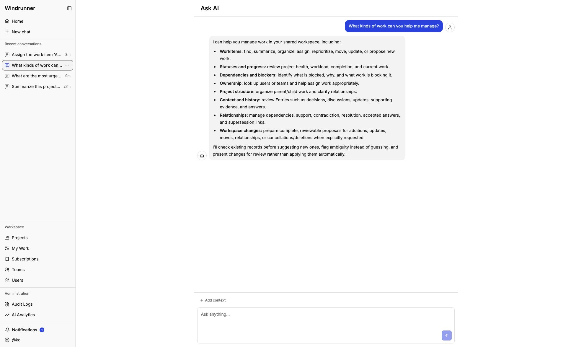 Standalone Ask AI conversation explaining supported work management tasks
