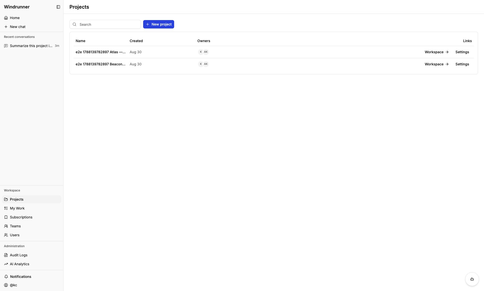 Windrunner Projects page with its search field and project list
