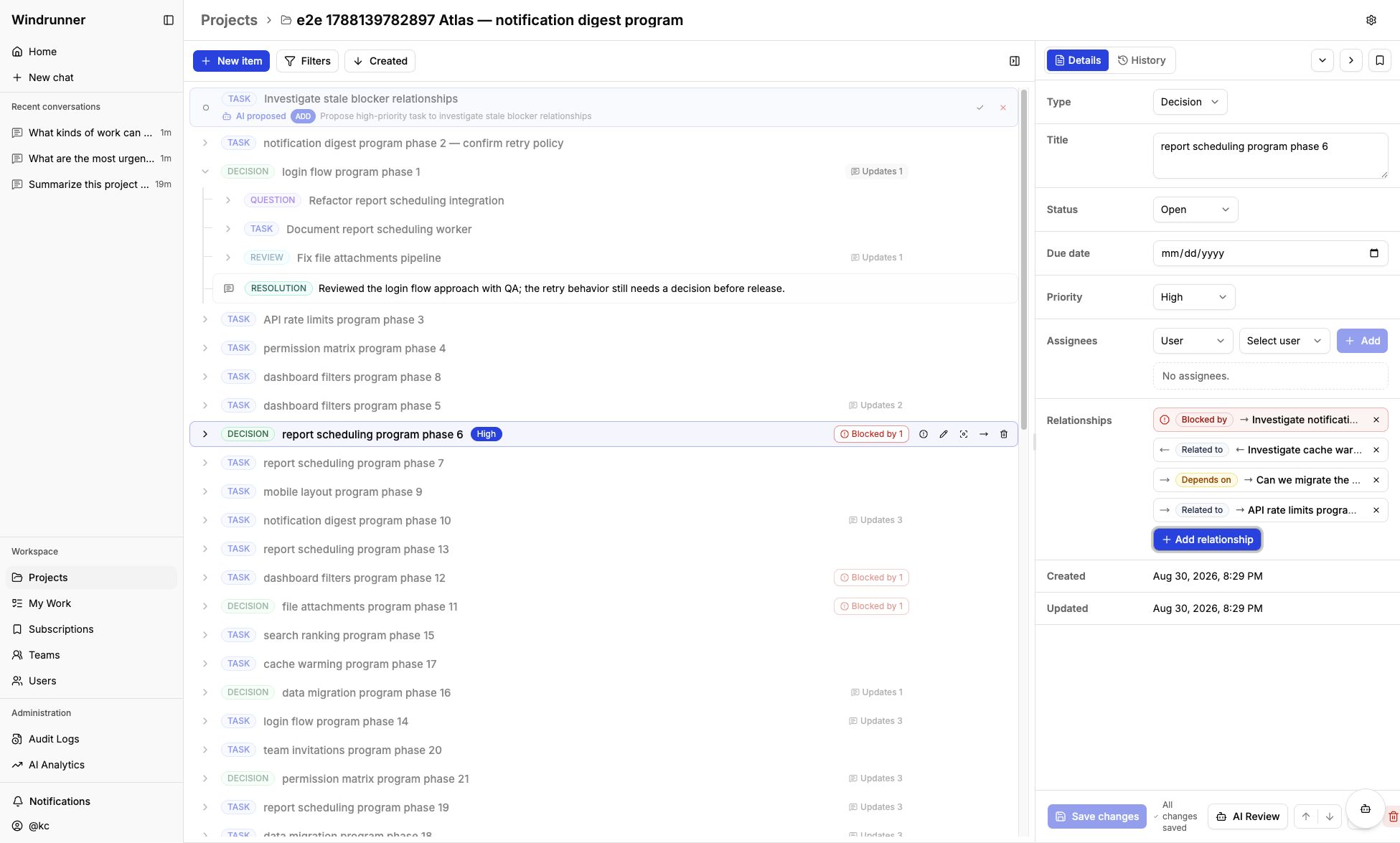 Work item inspector showing typed relationships and reasons