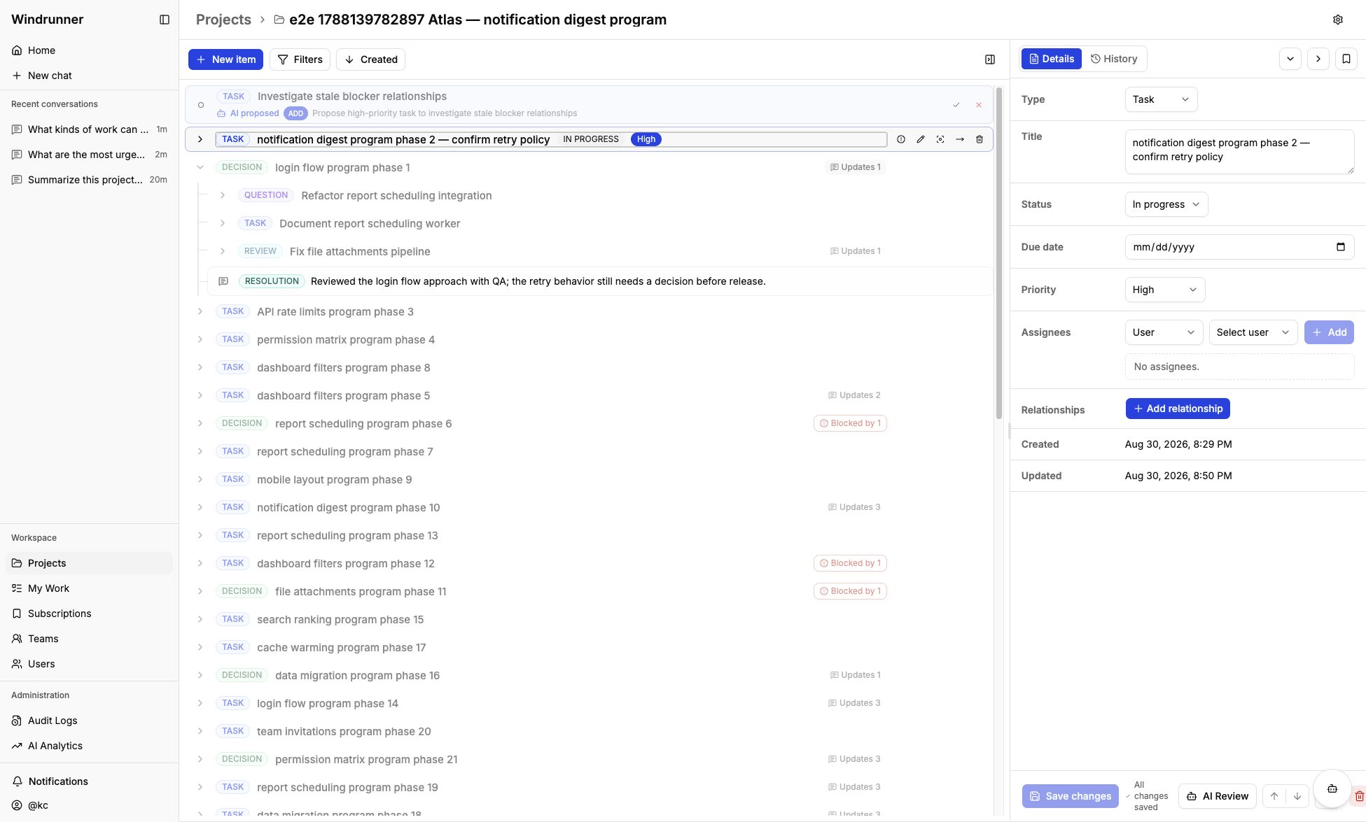 Work item inspector showing editable task fields and relationships